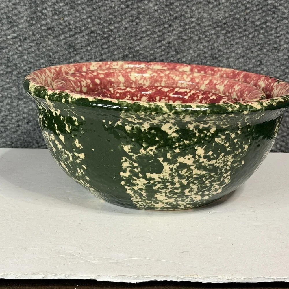 Set Of 3 Watermelon Sponge Ware Nesting Bowls Pottery